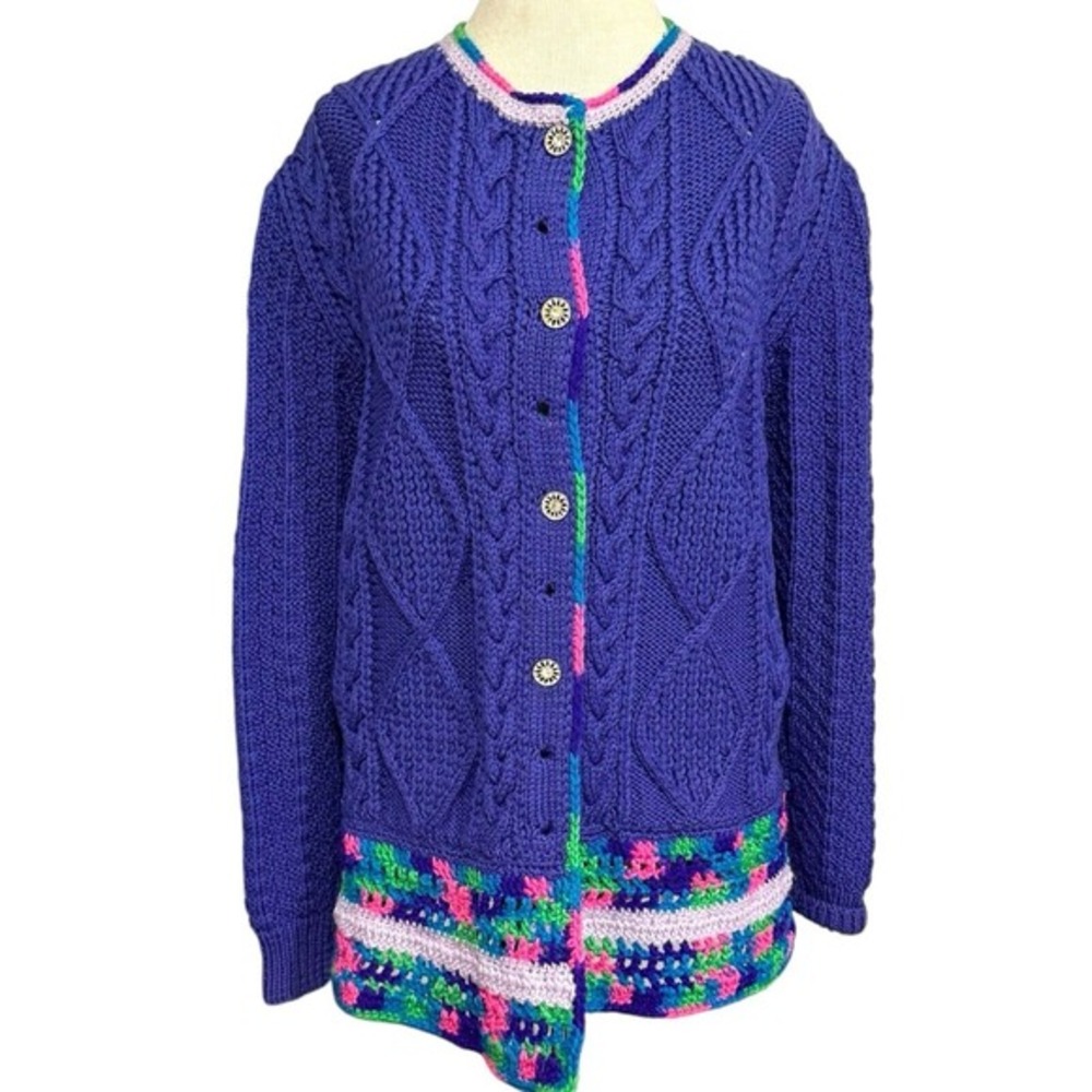 Vintage Hand Knitted Wool Women Cardigan Sweater Cable Knit Crochet England 1950